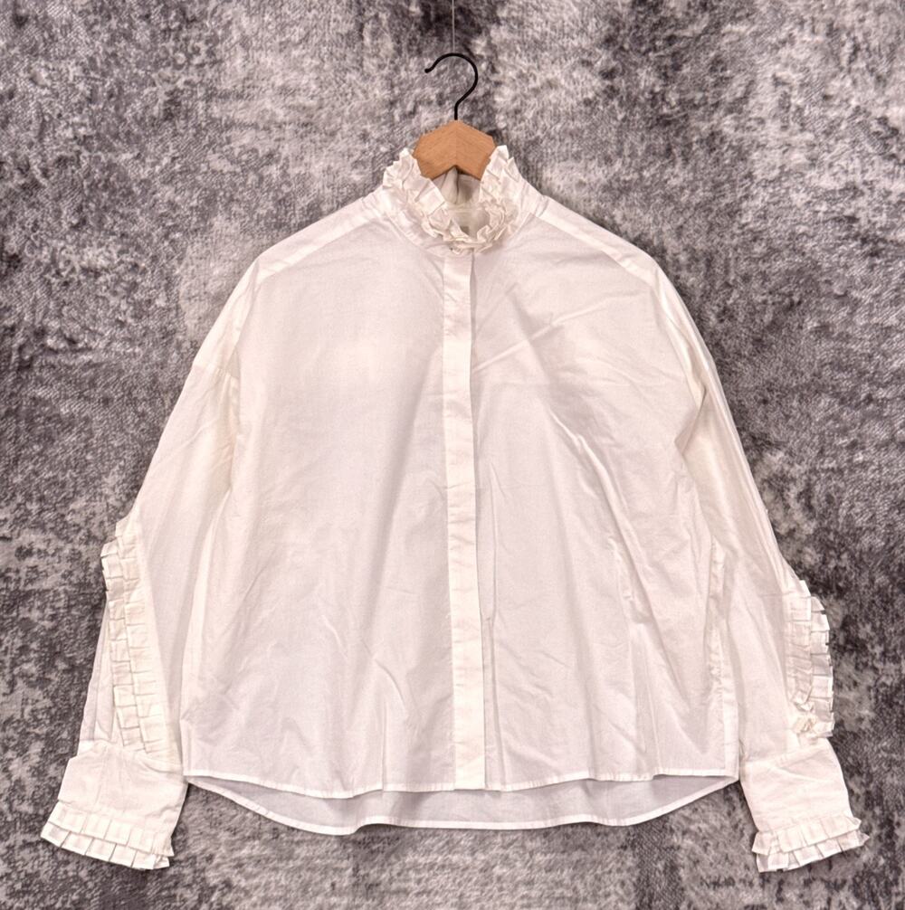 The Garment Boston Pleat Shirt 6 Womens White Poplin Ruffled Long Sleeve Button